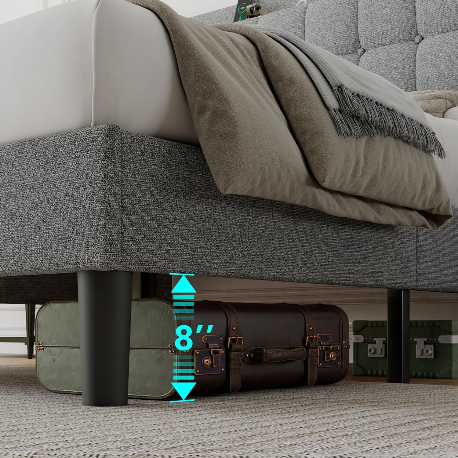 ipormis Full Size Bed Frame with Charging Station-Upholstered Platform Bed Frame with Wingback Storage Headboard, No Box Spring Needed,Light Grey
