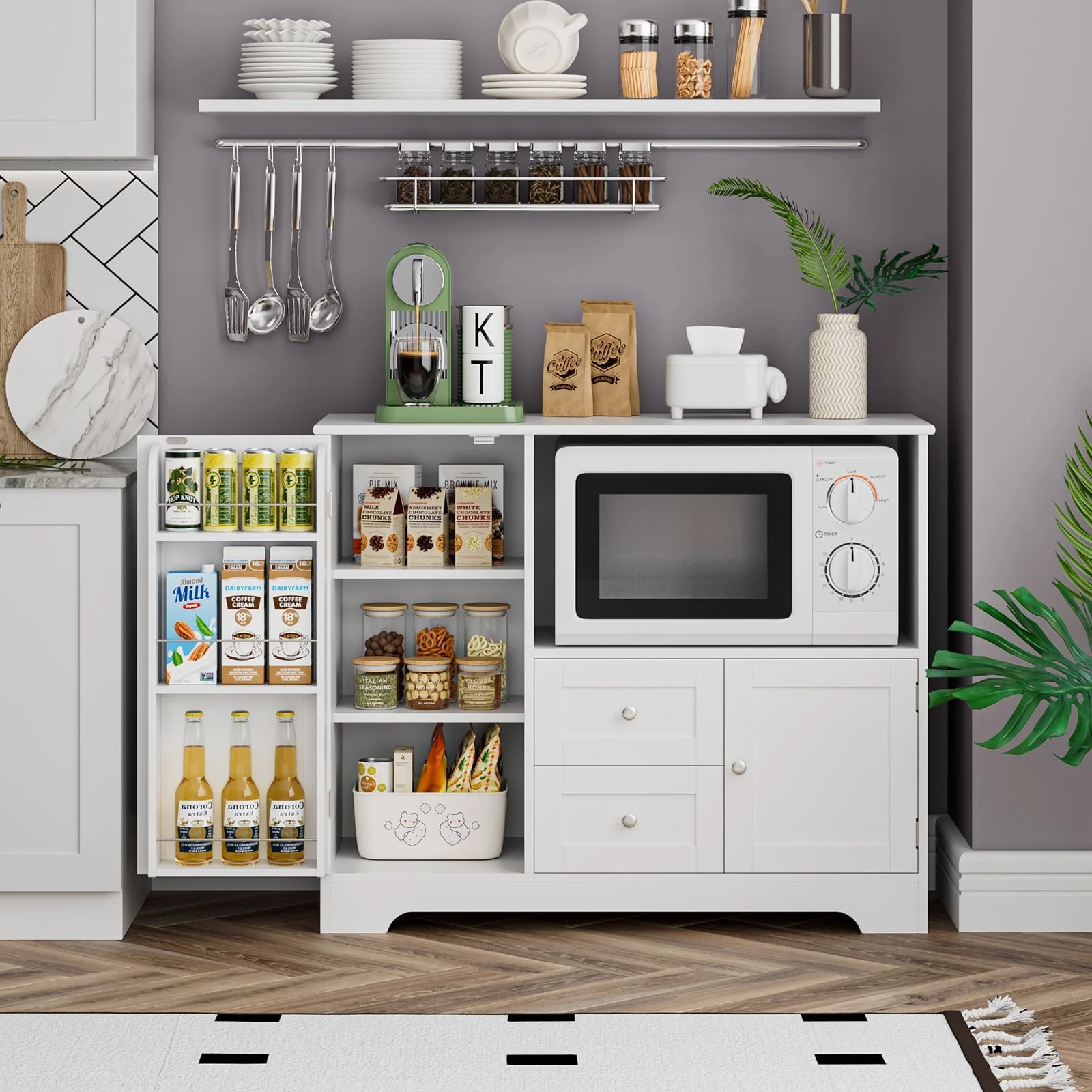 Homfa 40'' Kitchen Storage Cabinet, Buffet Cabinet Sideboard with Drawers and Adjustable Shelves, Microwave Cabinet for Dining Room, White