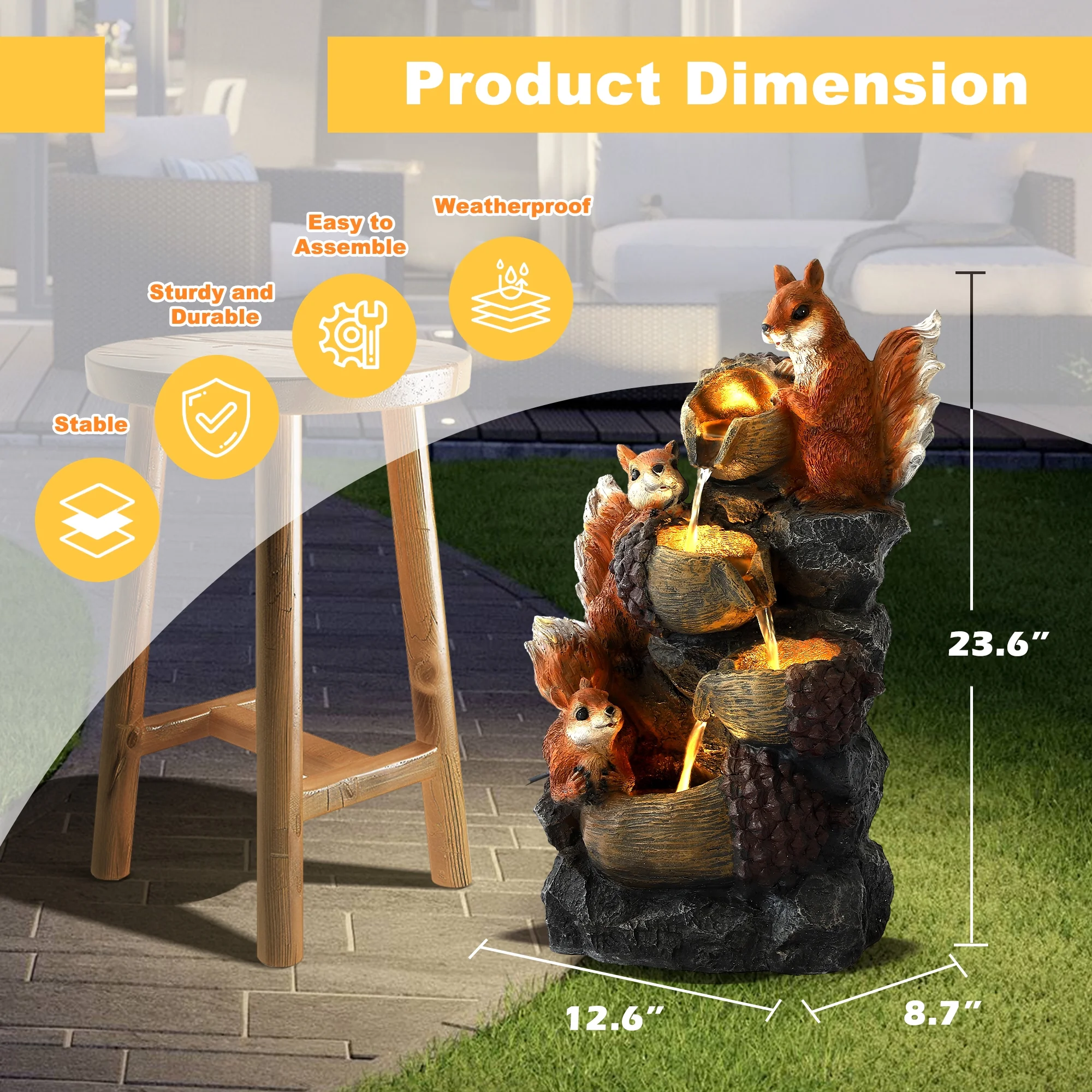 Magic Union Outdoor Water Fountain, Waterfall Indoor Outside Cascading Rock Fountain Garden Decor with Squirrels Decorations, 3 Pinecone-Shaped Rocks Patio Resin Fountains for Yard, Porch and Home