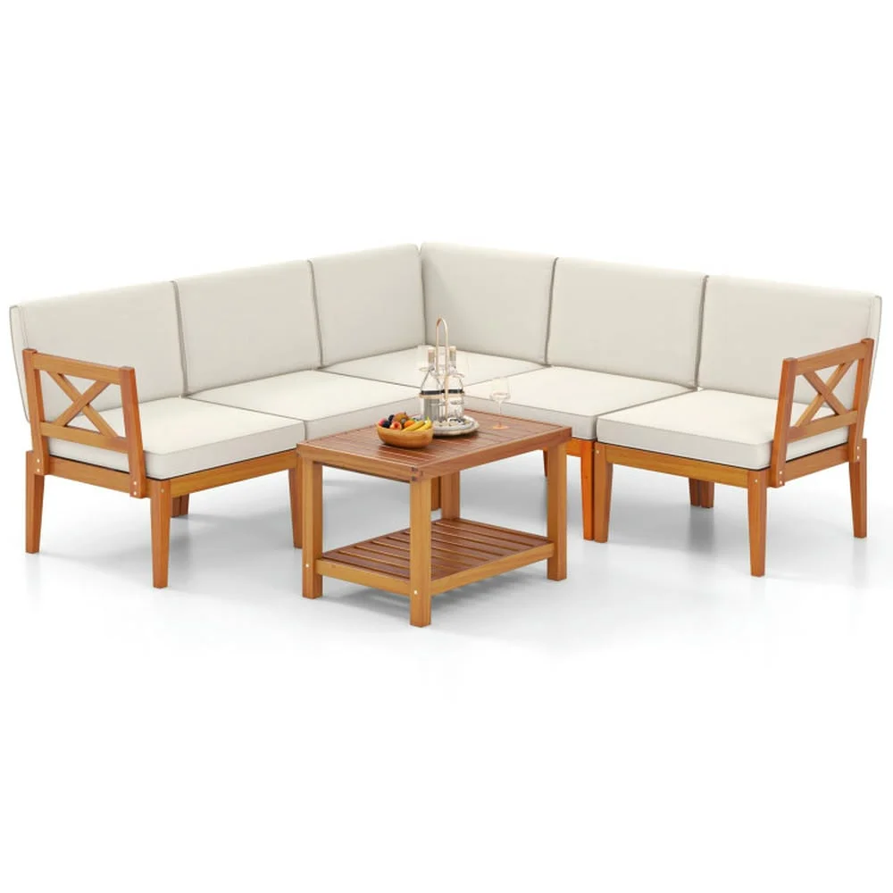 Kepooman Outdoor Conversation Sets,Patio Furniture Sets,6 Pieces Acacia Wood Patio Furniture Set with Cushions and 2-Tier Coffee Table-White