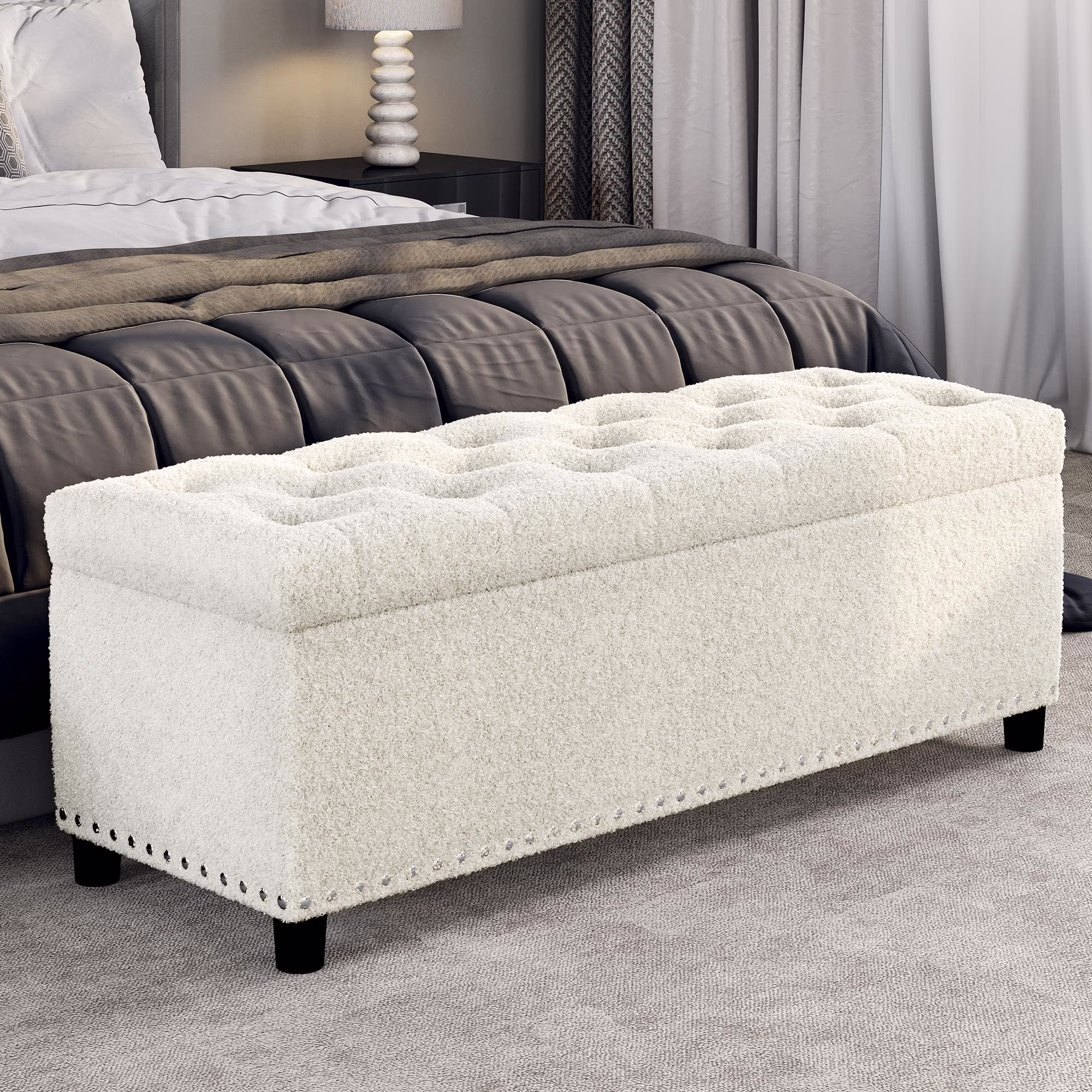 BELLEZE 35 Inch Storage Ottoman, Button-Tufted Ottoman Linen Storage Bench with Safety Close Hinge, Ottoman with Storage for Living Room, Entryway, Hallway, Foot Rest, Support 300lbs - Dark Grey