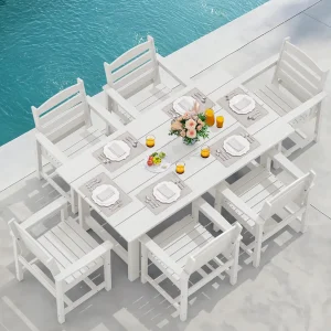 SERWALL 7-Piece Patio Table Set, Outdoor HDPE Dining Furniture with Umbrella Hole, All Weather Table and Chairs for Lawn, Garden, Poolside, Aruba