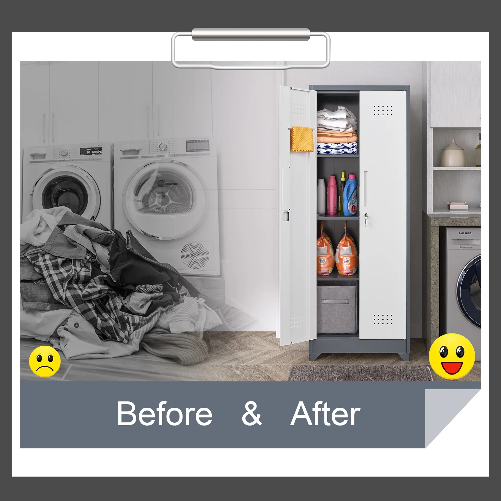 Marcree Broom Closet Storage Cabinet with Lock,65" Tall Garage Storage Cabinet with Hanging Rod,Multifunctional Garage Storage Broom Closet with Doors,Cleaning Tool Cabinet