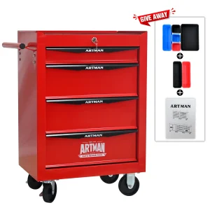 Tool Cabinets 4 Drawers Multifunctional Tool Cart with Wheels,Metal Rolling Tool Cart Storage for Garage Workshop Warehouse Repair Shop--With Stainless Steel Roof- Red&Black,Garage Tool Cabinets