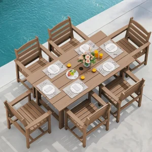 SERWALL 7-Piece Patio Table Set, Outdoor HDPE Dining Furniture with Umbrella Hole, All Weather Table and Chairs for Lawn, Garden, Poolside, Aruba