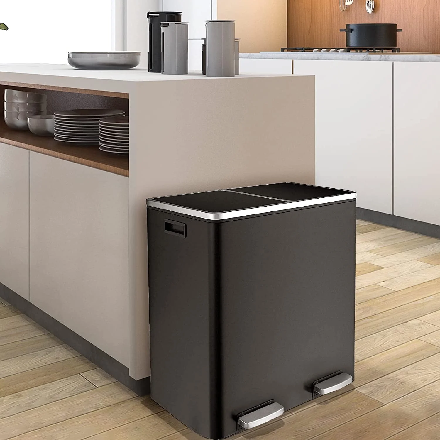 Arlopu 60 L/16 gal Dual Trash Can, Stainless Steel Garbage Can for Kitchen, Recycle Bin with Lid