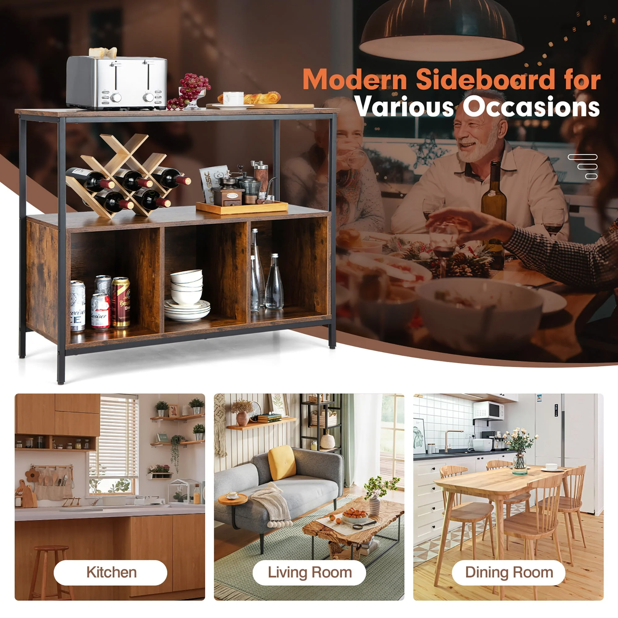 Costway Buffet Sideboard Kitchen Storage Cabinet Open Shelf w/ 3 Compartments Rustic