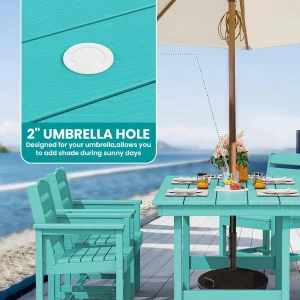 SERWALL 7-Piece Patio Table Set, Outdoor HDPE Dining Furniture with Umbrella Hole, All Weather Table and Chairs for Lawn, Garden, Poolside, Aruba