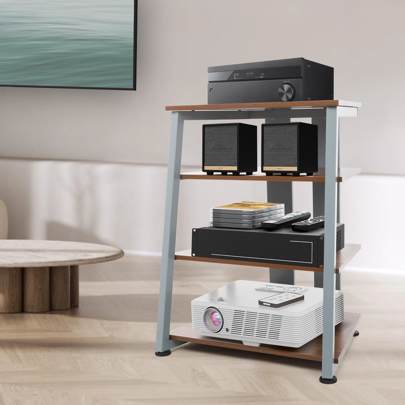 4-Tier AV Media Stand, Multi-Functional Storage Shelf for Organizing and Storing TV Accessories, CD Changers, Receivers, DVD Players, Game Consoles, and Other Media Equipment, Brown and Grey