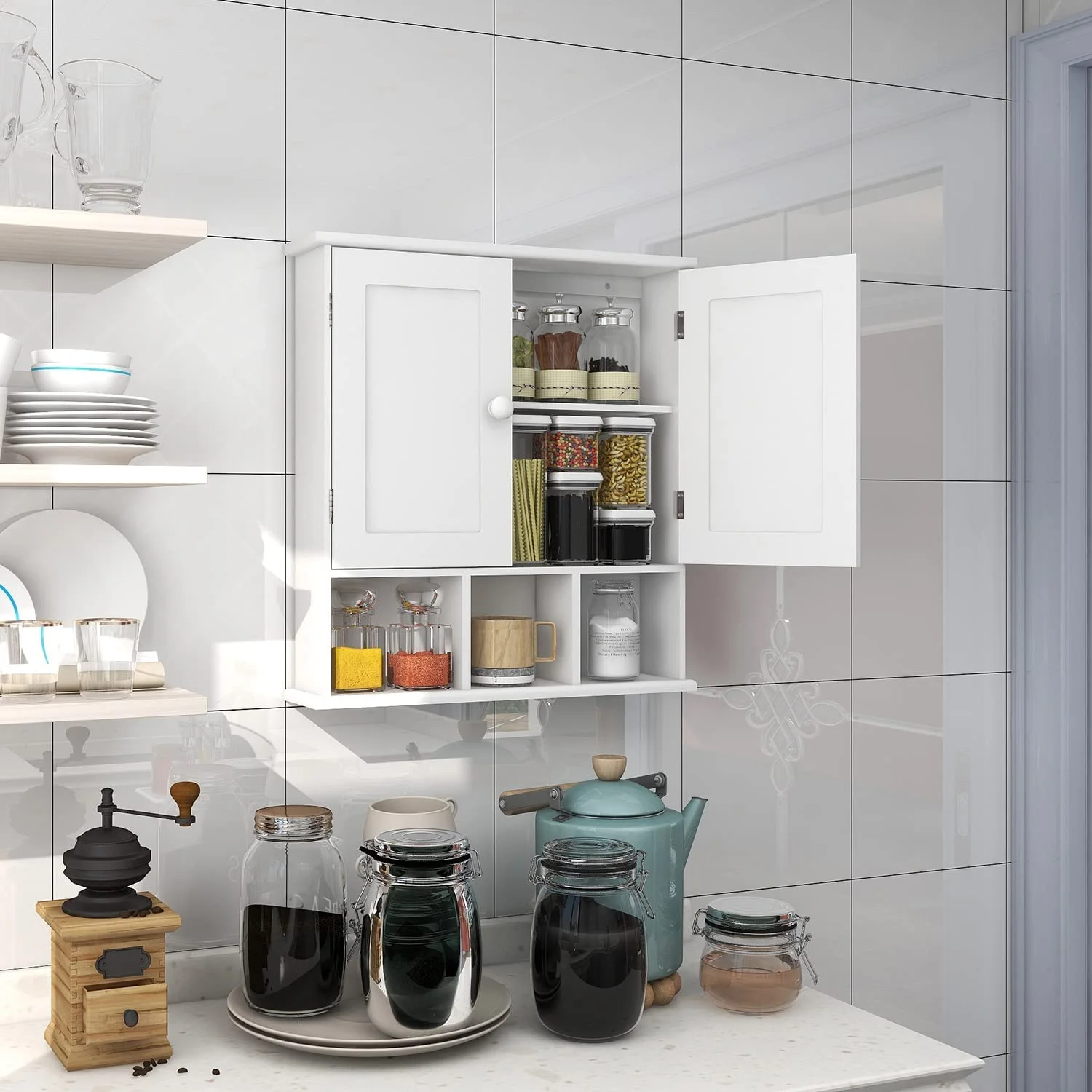 Black Bathroom Cabinet, Wall Mounted 2 Door Storage With Adjustable Shelves, Over The Toilet Medicine Cabinet for Laundry Room Kitchen