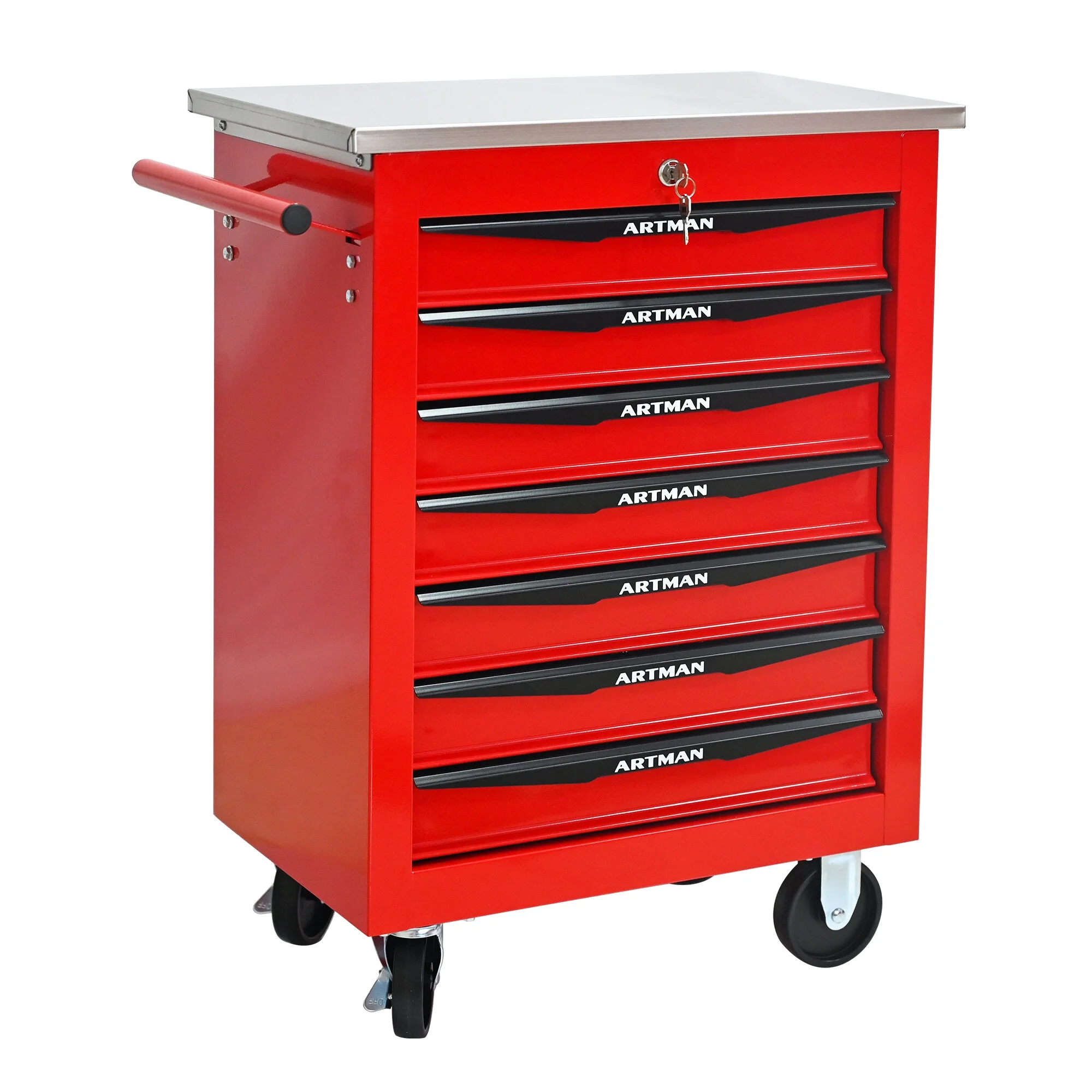 Tool Cabinets 4 Drawers Multifunctional Tool Cart with Wheels,Metal Rolling Tool Cart Storage for Garage Workshop Warehouse Repair Shop--With Stainless Steel Roof- Red&Black,Garage Tool Cabinets