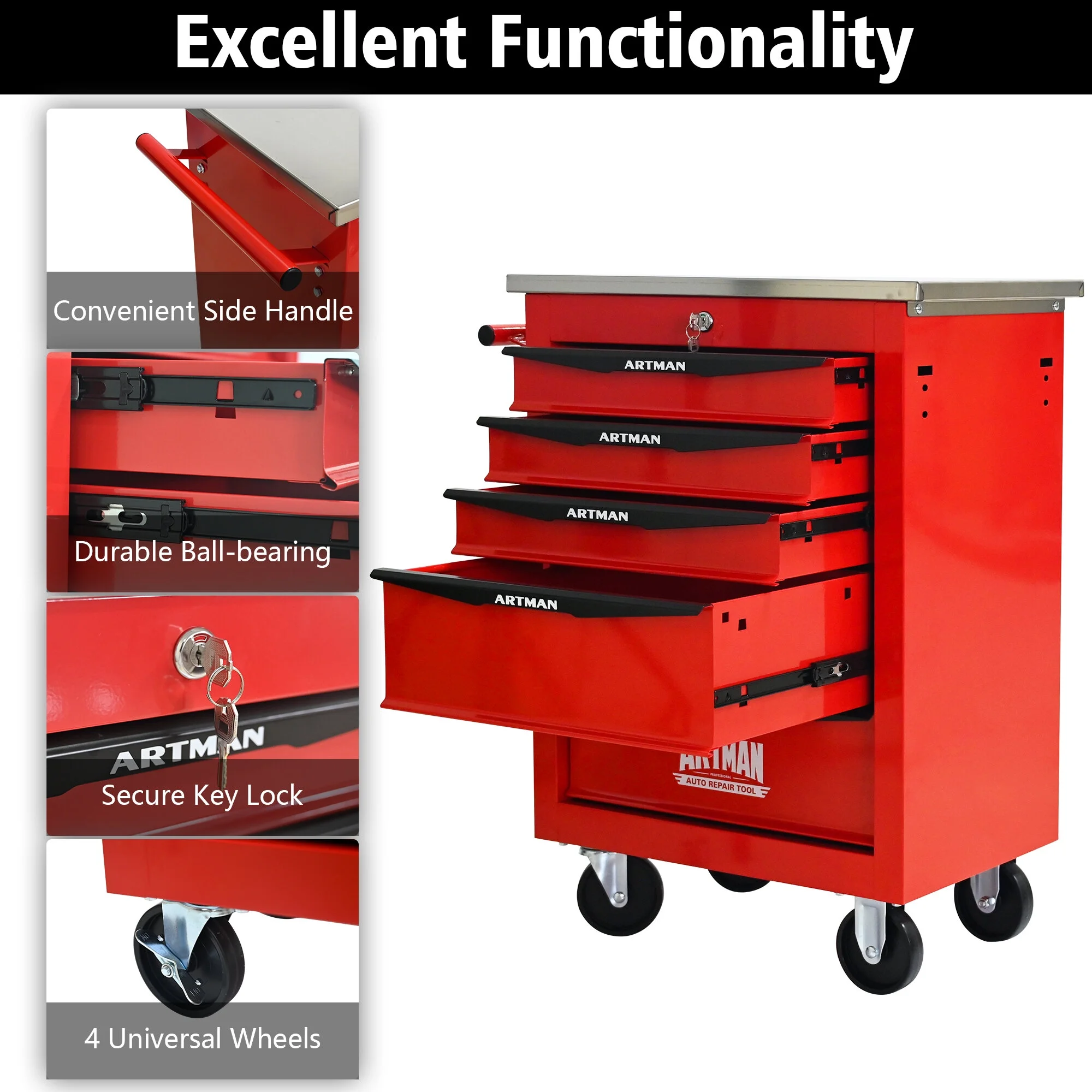 Tool Cabinets 4 Drawers Multifunctional Tool Cart with Wheels,Metal Rolling Tool Cart Storage for Garage Workshop Warehouse Repair Shop--With Stainless Steel Roof- Red&Black,Garage Tool Cabinets