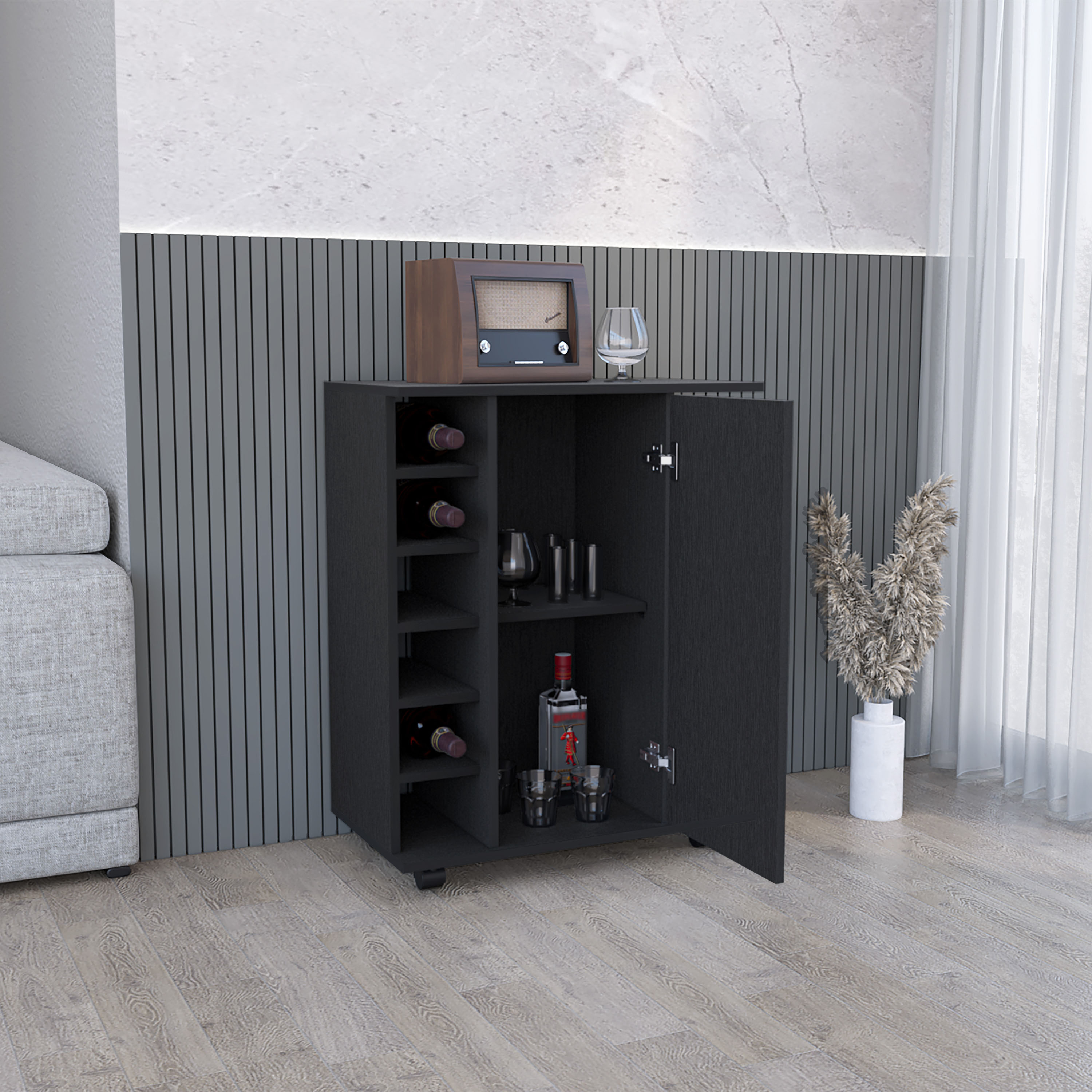 Royard Oaktree Modern Coffee Bar Cabinet wit Wheels, Home Bar Cart with Door, 6-bottle Wine Rack, and Storage Shelves, Small Wine Bar Cabinet for Kitchen, Living Room, Dining Room, White