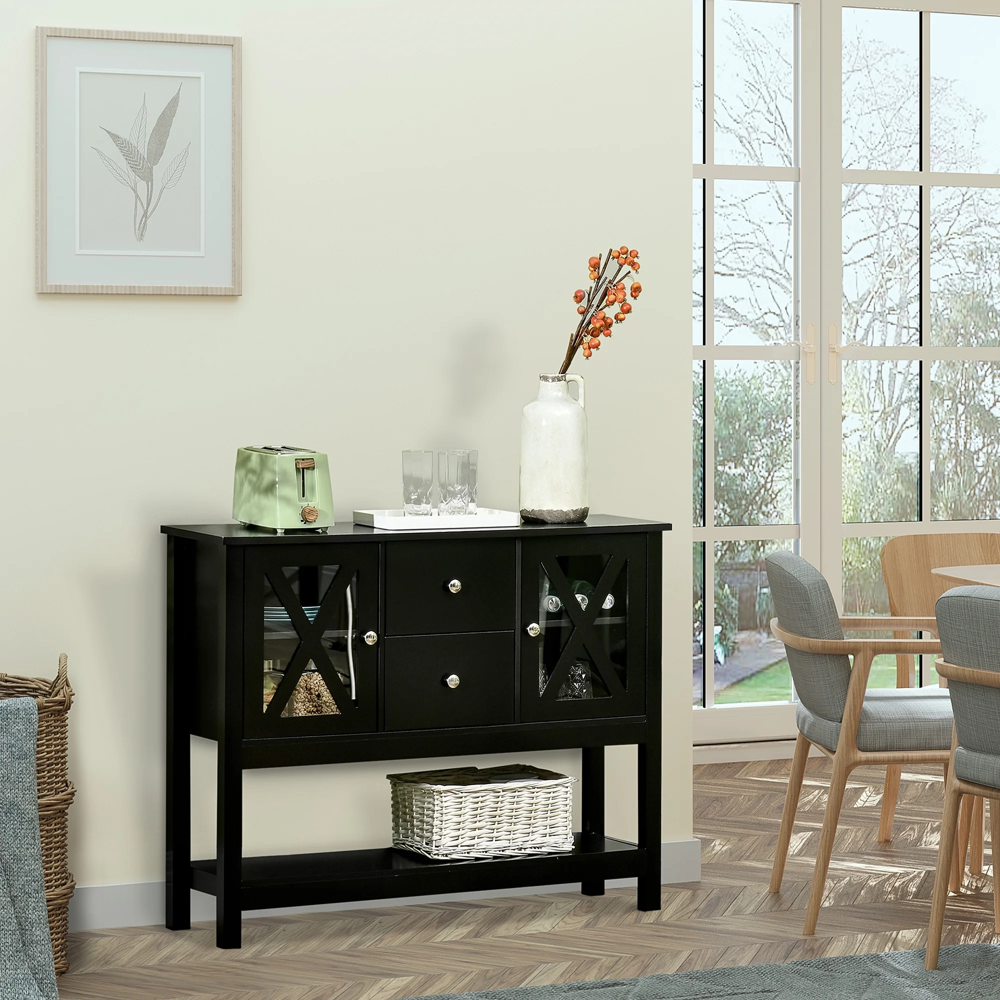 HOMCOM Coffee Bar Cabinet, Sideboard Buffet Cabinet, Kitchen Cabinet with Storage Drawers and Glass Door for Living Room, Entryway, White