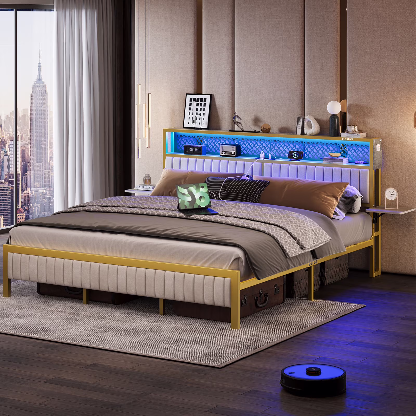 Bestier Queen Size Platform Bed Frame with Wood Foldable Bedside Shelves and LED Storage Headboard Charge Station, Gray