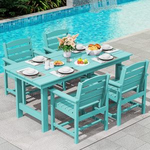 SERWALL 7-Piece Patio Table Set, Outdoor HDPE Dining Furniture with Umbrella Hole, All Weather Table and Chairs for Lawn, Garden, Poolside, Aruba