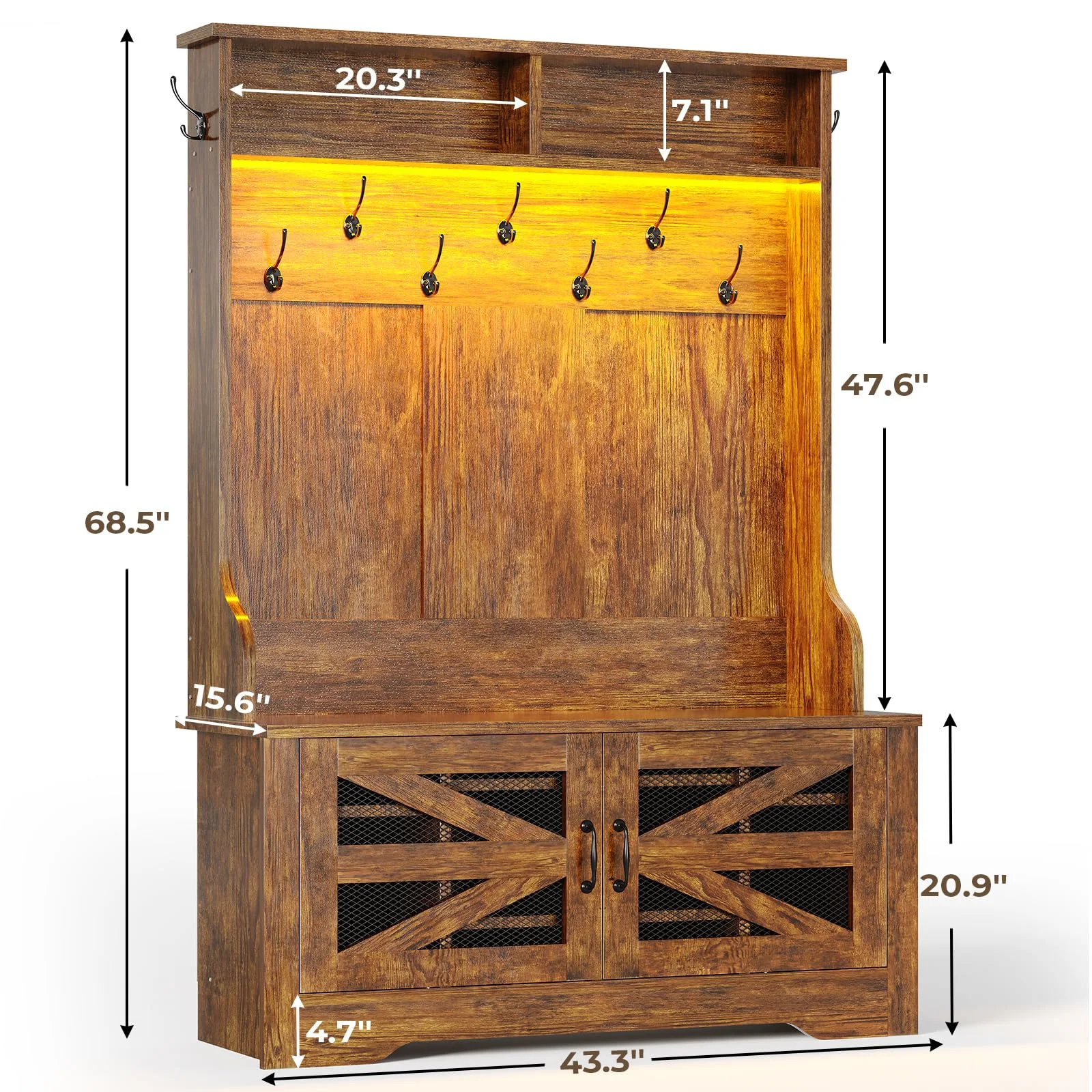 5-in-1 Entryway Bench with Coat Rack, Hall Tree with Bench and Shoe Storage, Rustic Brown