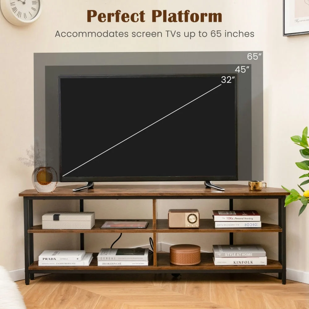 Canddidliike 3-Tier Corner TV Stand for TVs up to 65 Inches with Charging Station- Rustic Brown, Cabinet Media Console with Storage for Living Room Bedroom