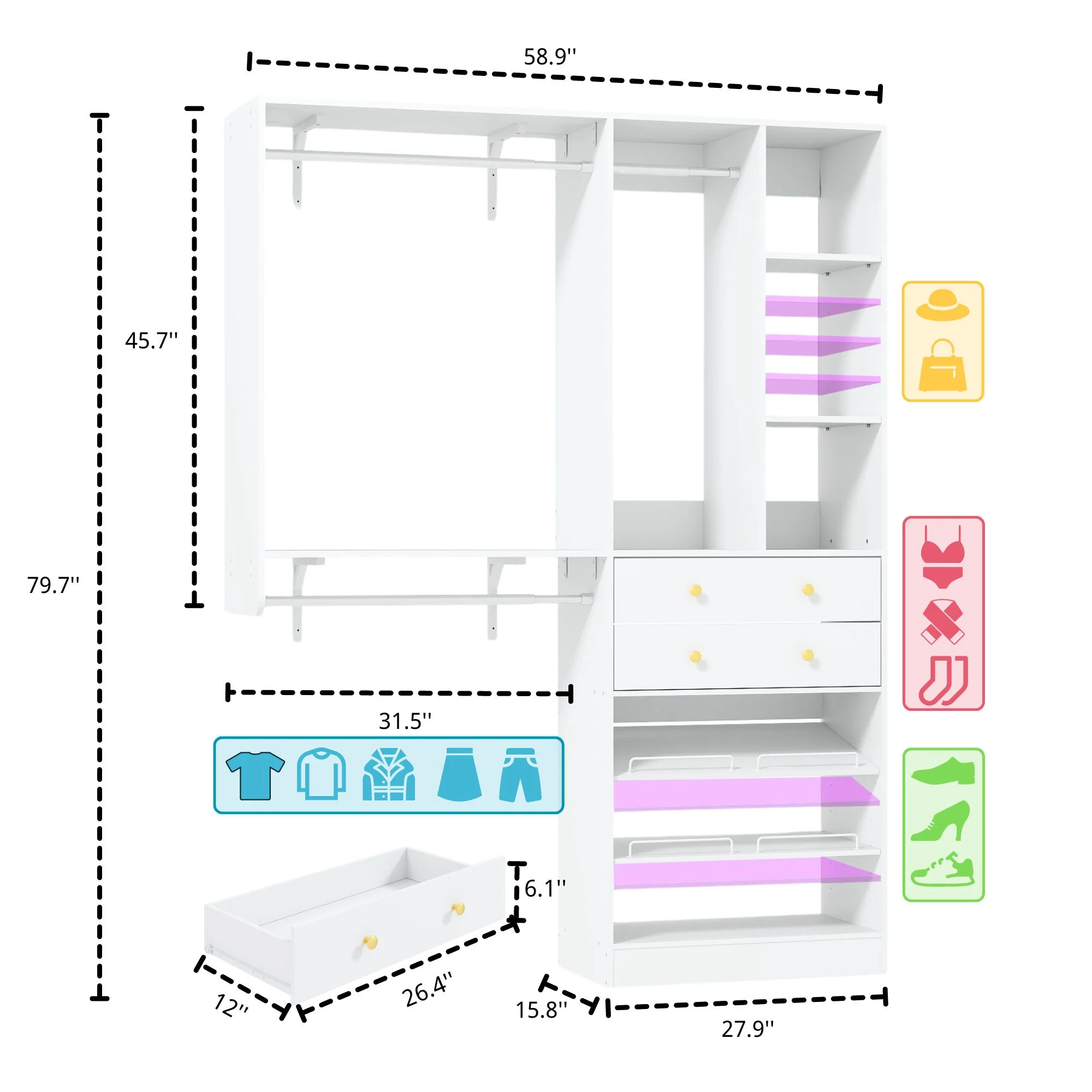 iSunirm 5FT Closet System with Drawers,5FT Closet System with Drawers, 60" Closet Organizer System with 2 Hanging Shelving Perfect Storage Solution for Organizing Your Closet