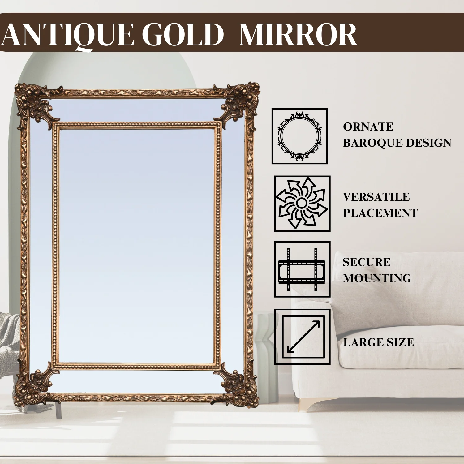 FFPEG Rectangular Baroque Style Antique Gold Mirror - Traditional Old-World Charm -Home Decor