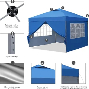 GDY 10x10 Pop Up Canopy Tent, Outdoor Canopy Tent, Patio Tent,Commercial Instant Gazebos,4 Sidewalls, Portable Shelter Canopies, with 4 sandbags, Blue.