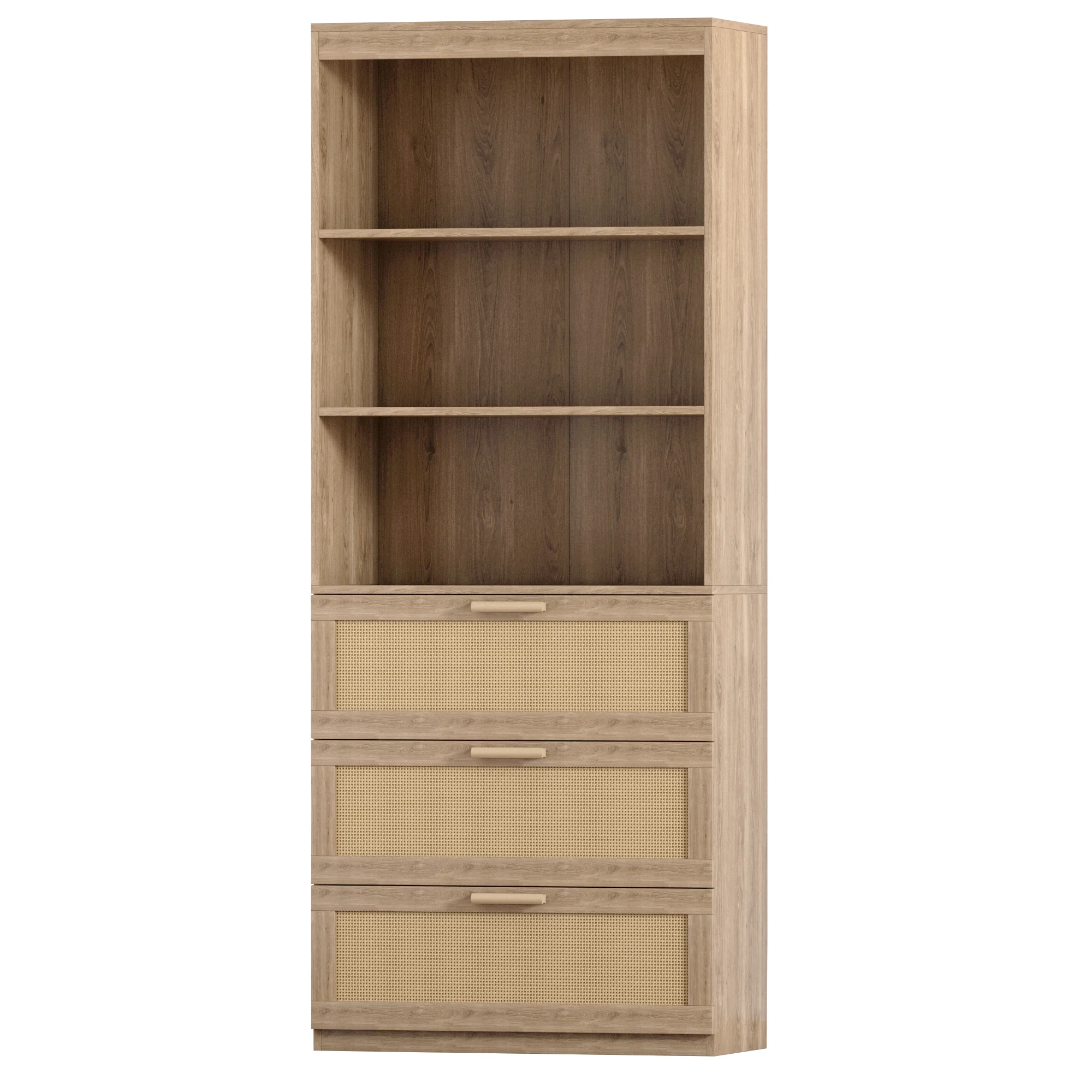 Zimtown Rattan 5-Shelf Bookcase with Drawer, 3 Tier Open Bookshelf with Storage Cabinet, Home Decor Furniture for Home Office, Living Room, Bedroom