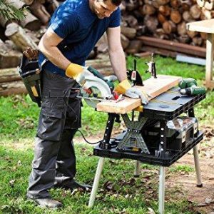 Keter ?C 197283 Folding Table Work Bench for Miter Saw Stand Woodworking Tools and Accessories with Included 12 Inch Wood Clamps ?C Easy Garage Storage Black/Yellow
