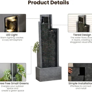 Outdoor Modern Waterfall Fountain Water Fall Fountains with LED Lights for Garden, Patio, Backyard, Deck, Porch and Home Decor
