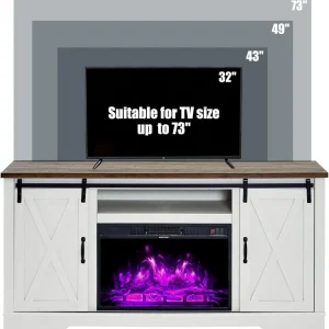 AMERLIFE Fireplace TV Stand with Sliding Barn Door for TVs up to 73", Farmhouse 63" Fireplace Entertainment Center with Storage Cabinets/Adjustable Shelves