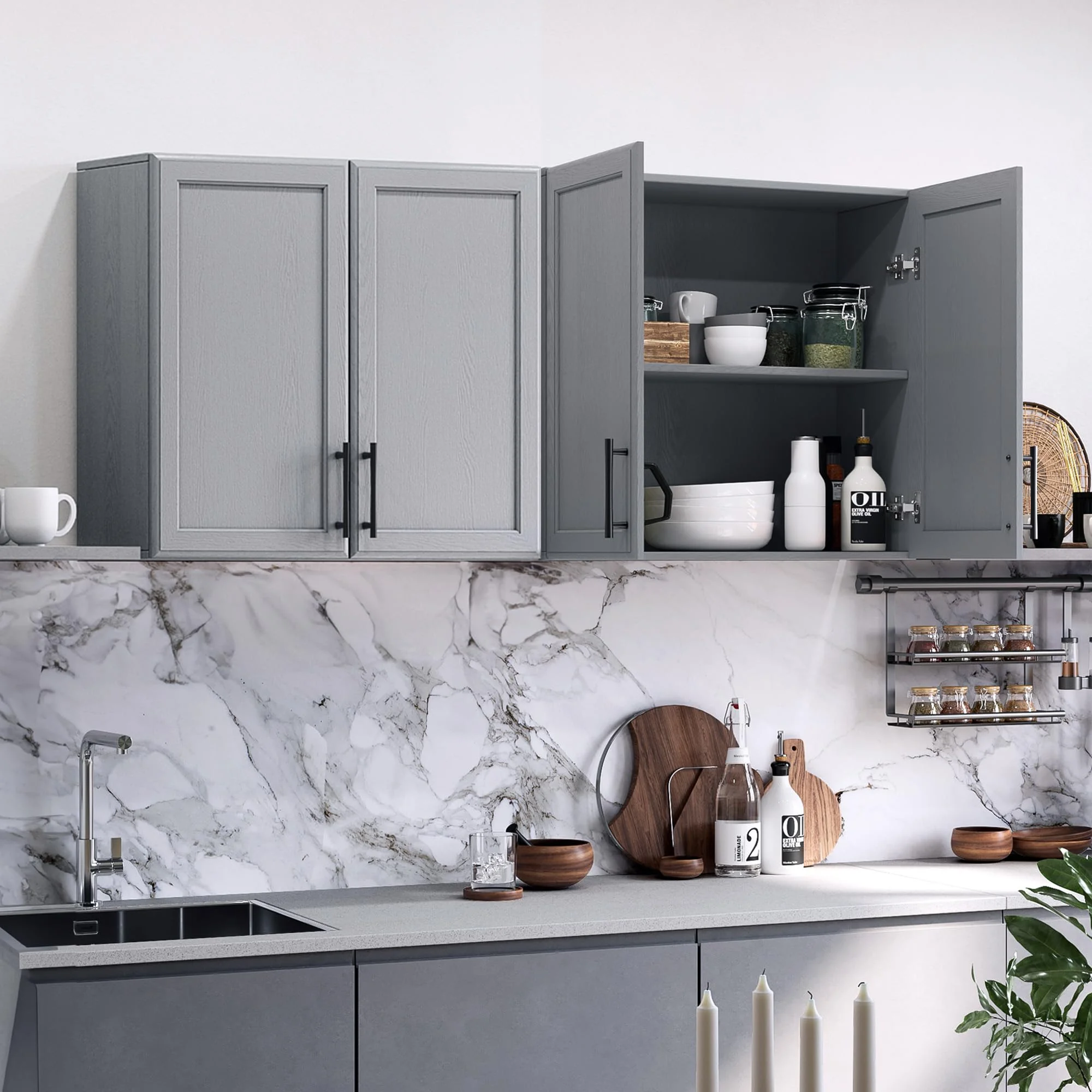 POLIHOME Display Wall Cabinet with Tempered Glass Doors-Storage Cabinet with Adjustable Shelves