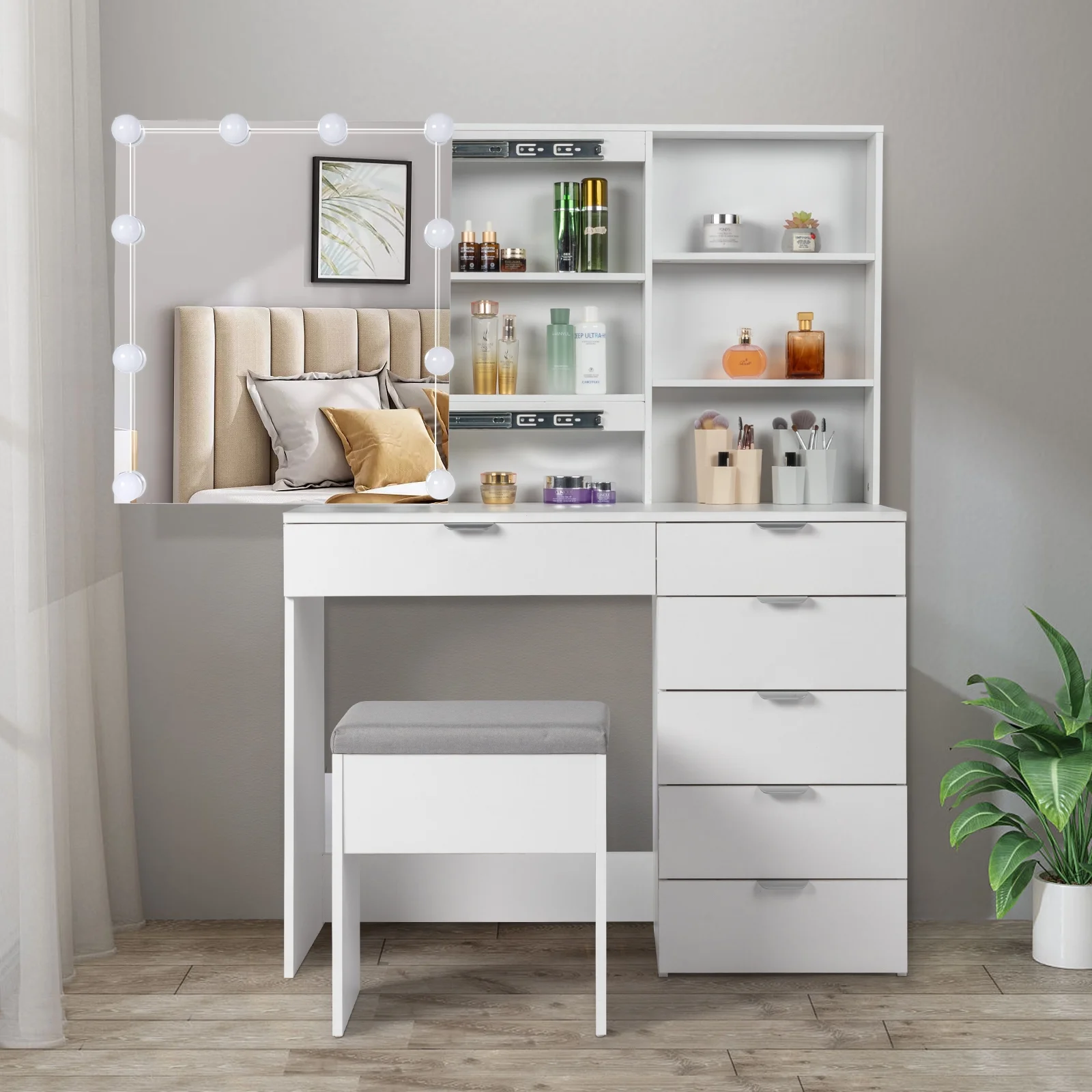 Ktaxon Vanity Set with 3 Color Lighted Mirror, Makeup Table with 6 Drawers, Dressing Table Makeup Desk with Stool, White