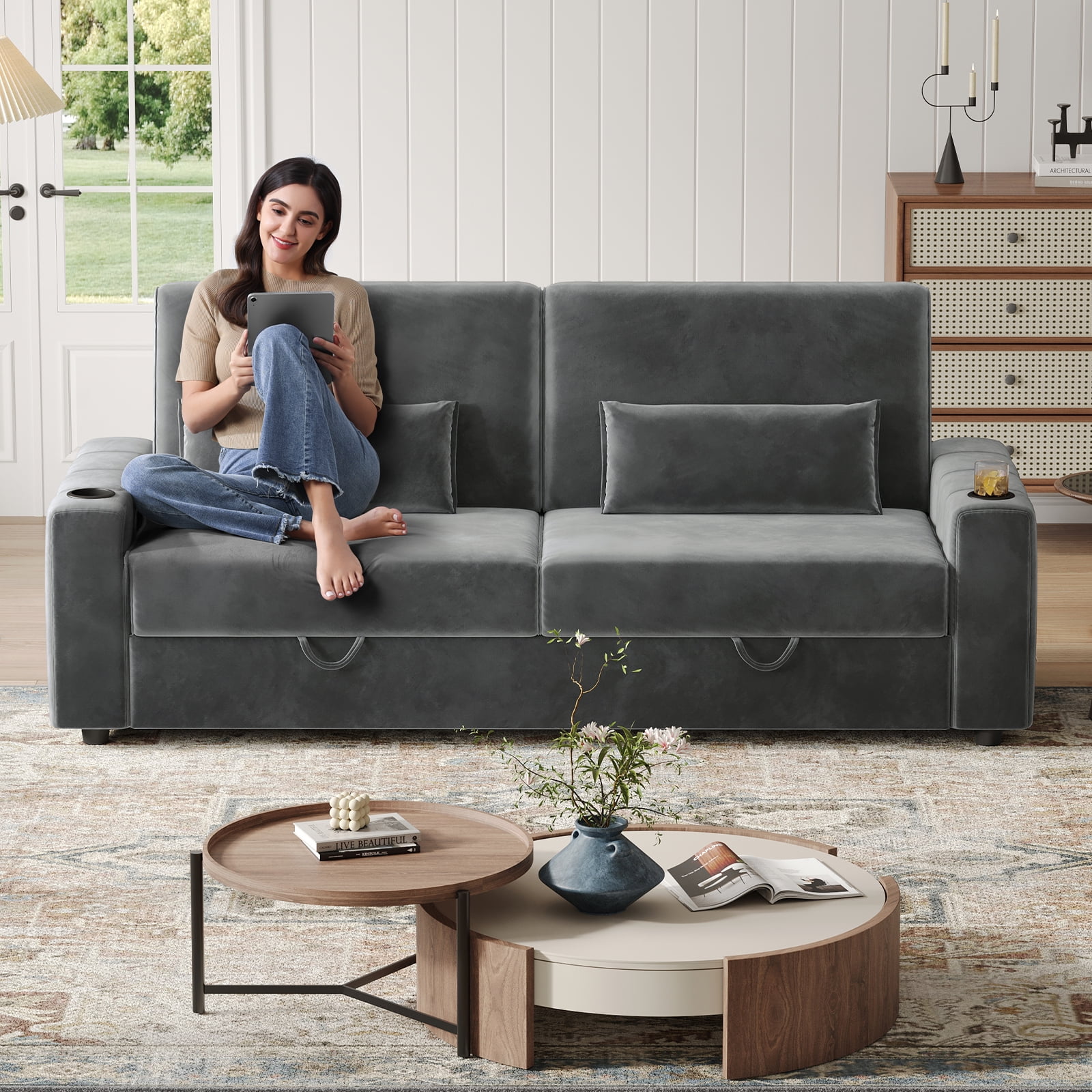 87-Large Loveseat Sofa, 3 Seater Couch with Storage, Velvet Fabric Deep Seat Sofa with Pillow& Cup Holders, Modern Comfy Sofa with USB& Type-C Ports, Home Sofa Couch for Living Room Bedroom