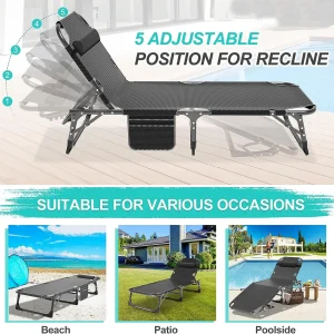 Slsy Folding Lounge Chair, 5-Position Adjustable Outdoor Reclining Chair, Folding Sleeping Bed Cot, Folding Chaise Lounge Chair for Pool Beach Patio Sunbathing