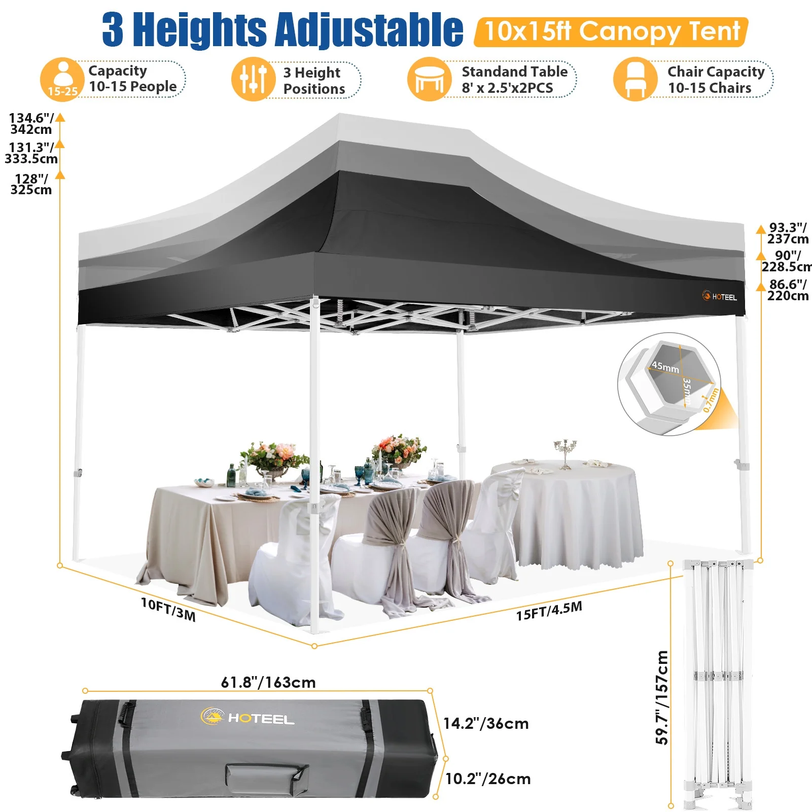 HOTEEL 10x15 Heavy Duty Canopy Tent - Commercial Pop Up with UV50+, Thick Hexagonal Frame, 4 Sidewalls, Anti-Pooling Design & Roller Bag (Black)