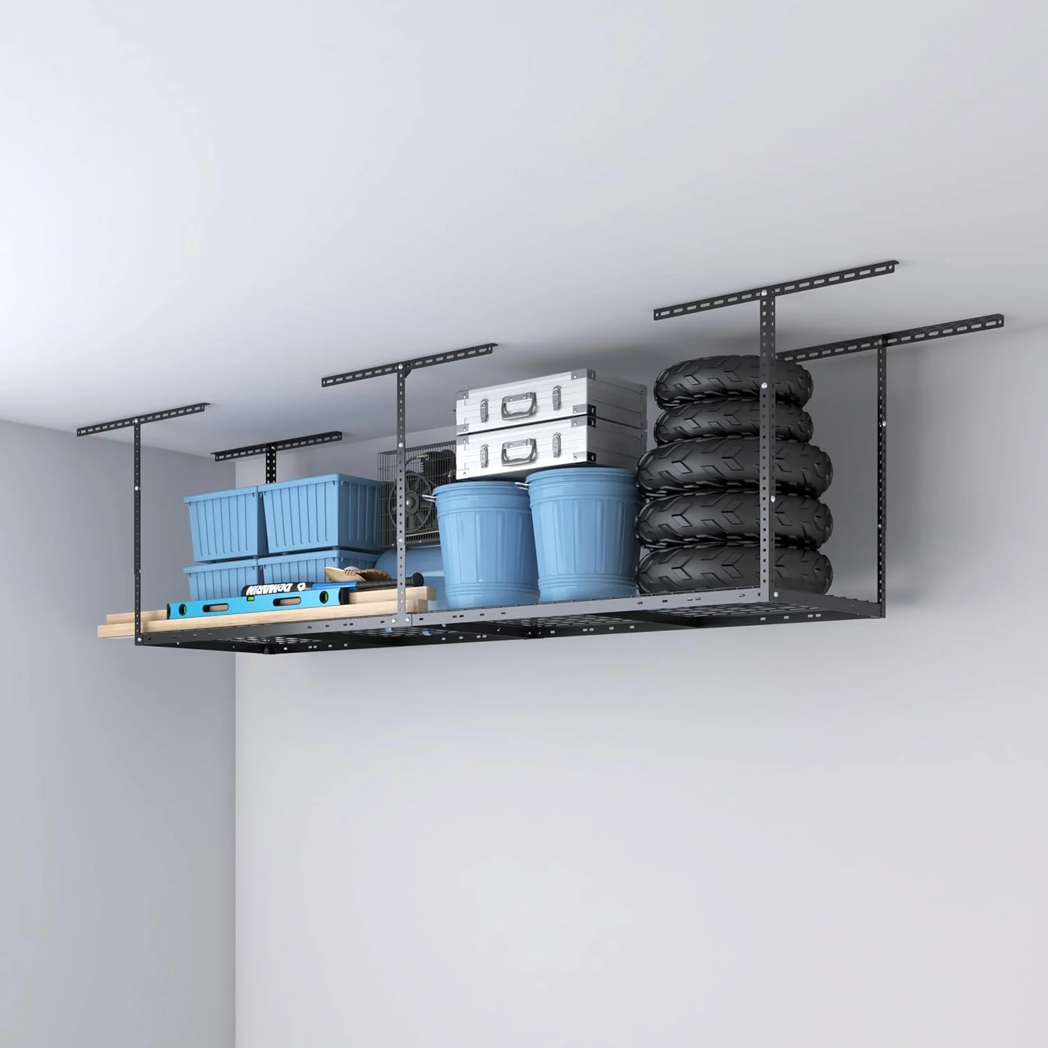 2ftx8ft Overhead Garage Storage Rack, Heavy-Duty Metal Garage Ceiling Storage Rack, 22''-40" Adjustable Ceiling Drop-Down, 400 lb. Loading Weight Capacity, White