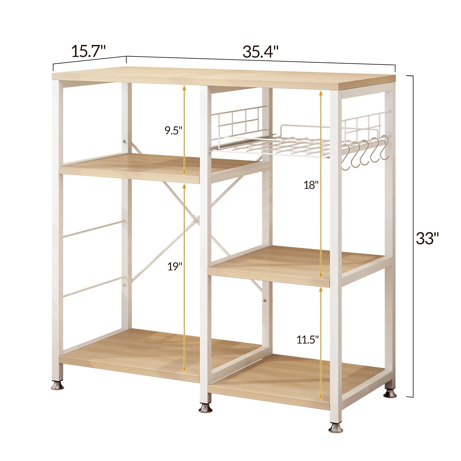 Winado 5 Tiers Vintage Kitchen Baker's Rack Microwave Oven Stand with Kitchen Storage Shelf Rack Hooks, White Oak and Metal Frame