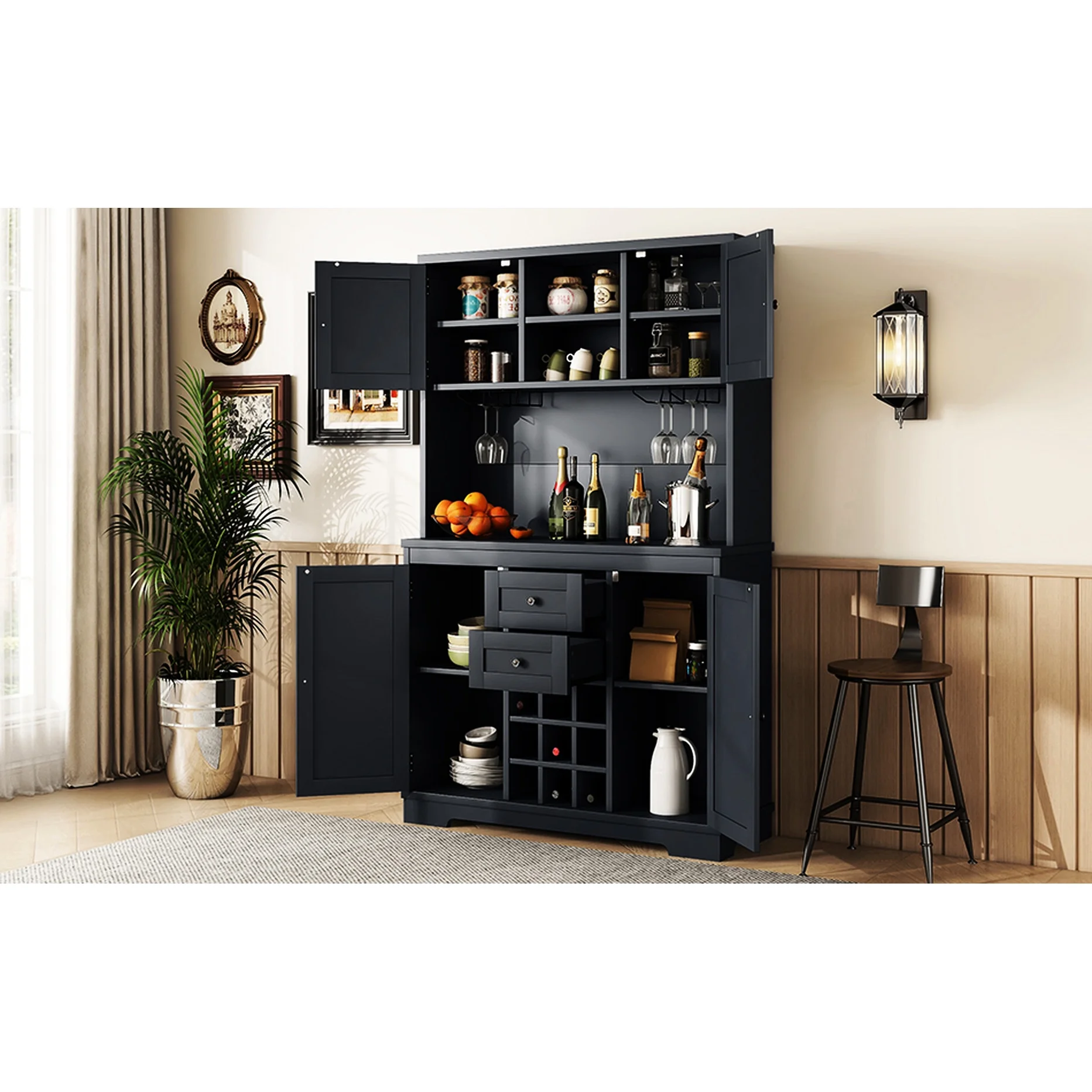 Dark Blue Dining Room Storage Cabinet With Shelves - Coffee Bar Drawers For Kitchen Antique Drawers, Shelves, And Cabinets