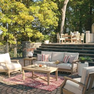 Signature Design by Ashley Clare View Coastal Outdoor Patio Eucalyptus Sofa with Cushions, Beige