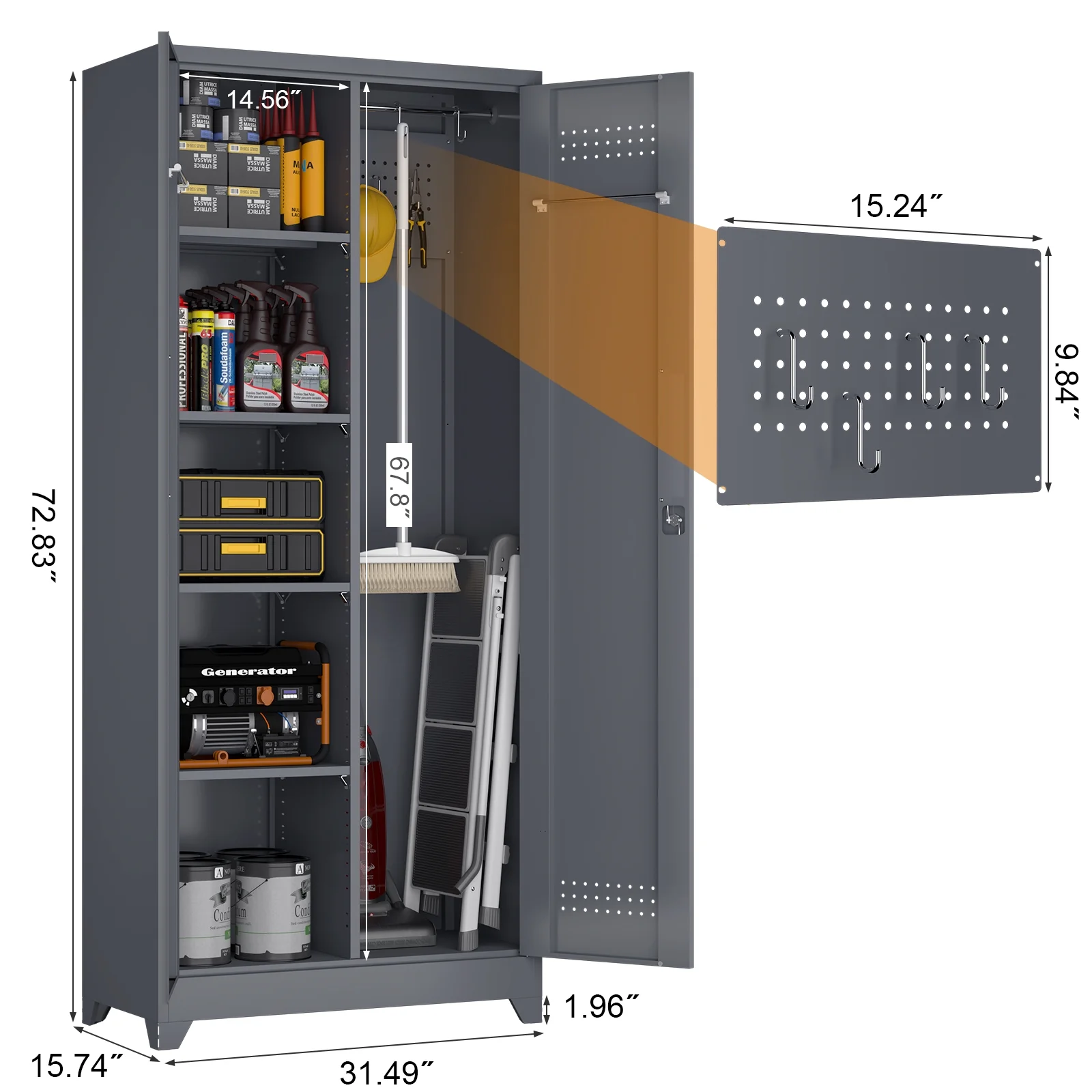 Marcree Broom Closet with Locking Doors,72.8-H Cleaning Tool Storage Cabinet with Hanging Rod & Hooks,Heavy-Duty Tool Garage Storage Cabinet for Utility Room,Grey