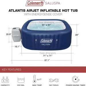 Coleman SaluSpa Atlantis AirJet 4 to 6 Person Inflatable Hot Tub Square Portable Outdoor Spa with 140 Soothing Jets with Cover, Blue