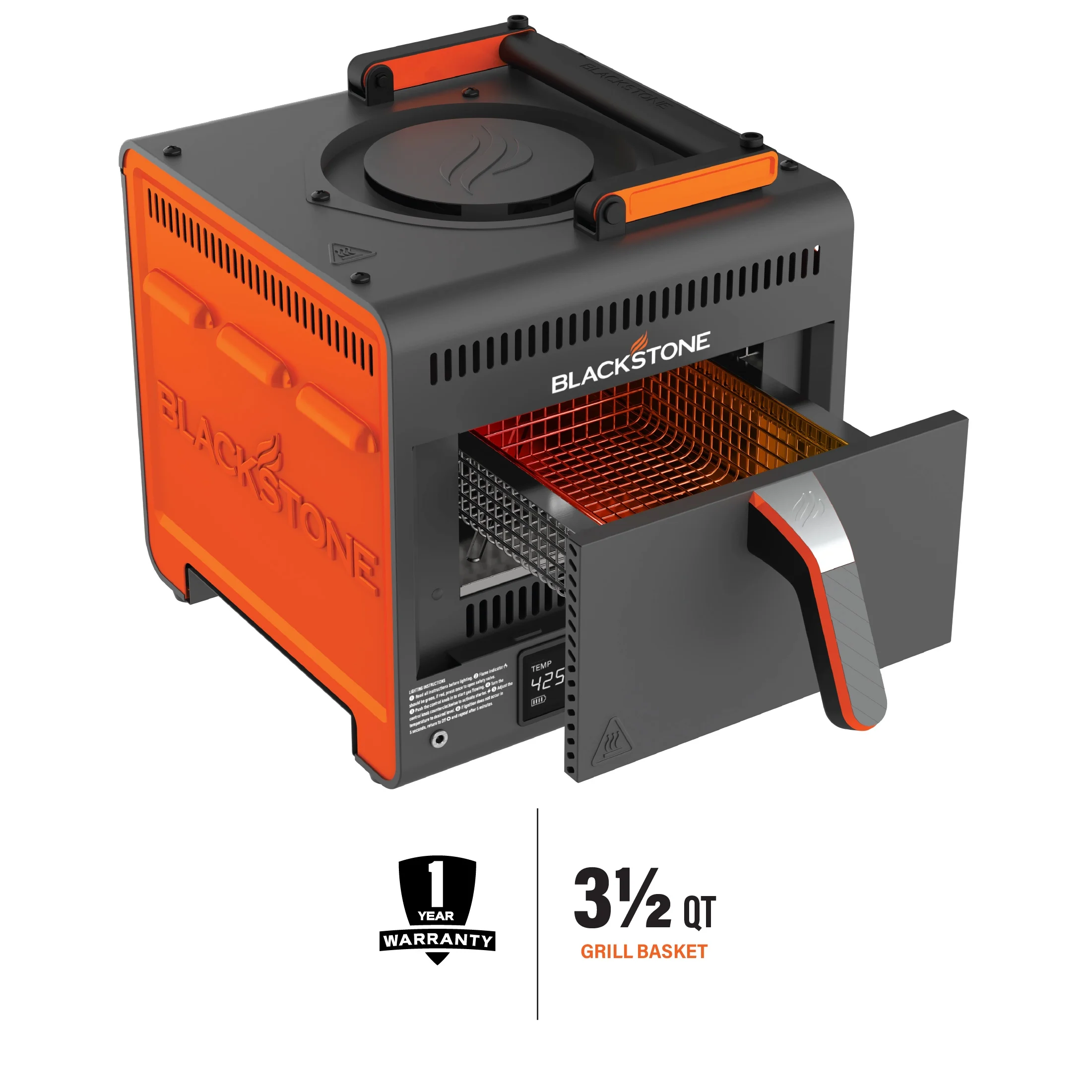 Blackstone Adventure Ready Portable Propane Air Fryer, 4 Quart, Gray & Orange, 18W, 3ft Cord