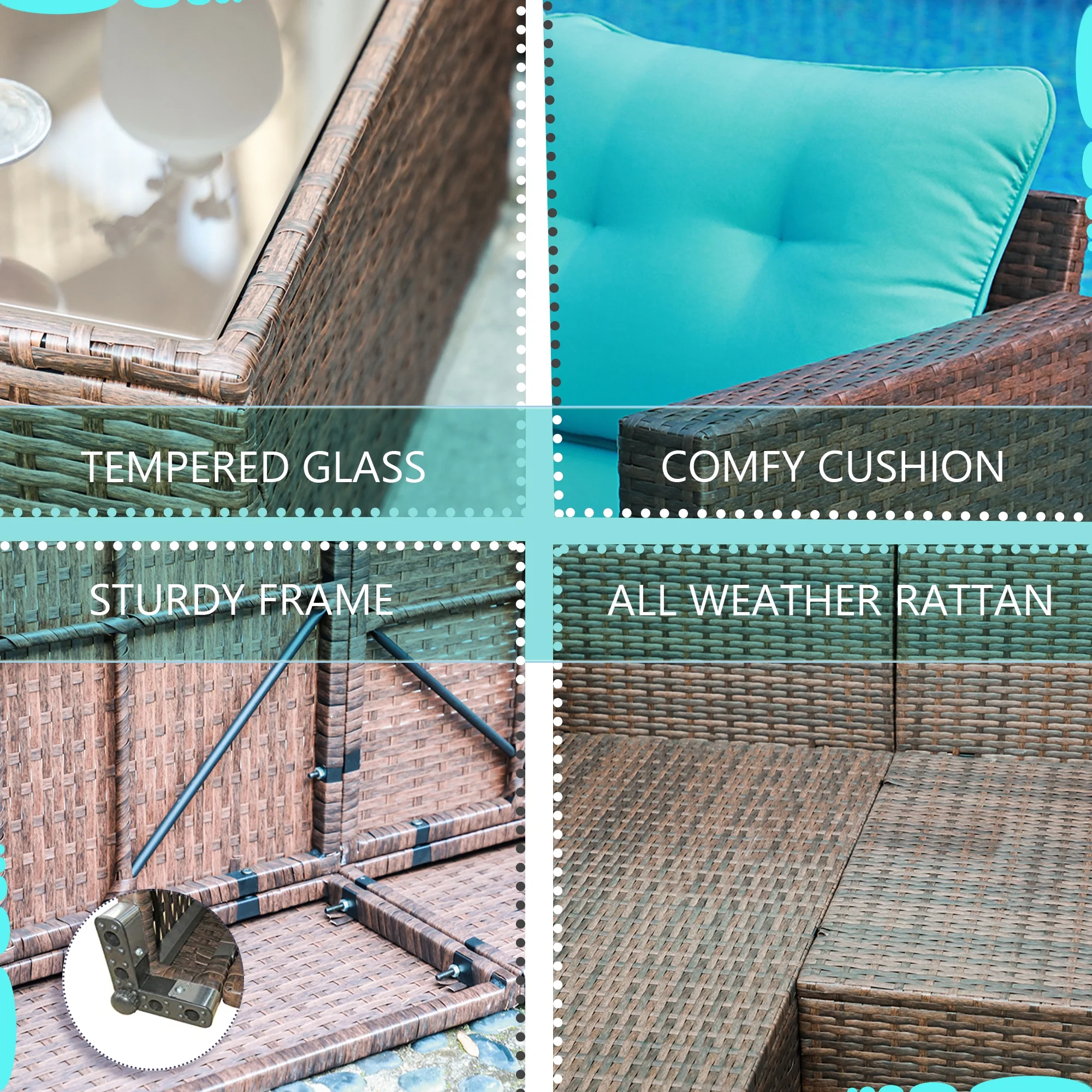 JOIVI 3 Pieces Patio Conversation Set, PE Wicker Rattan Outdoor Furniture Set, 2 Ways Small Sectional Sofa, Tempered Glass Coffee Table, Silver-Gray