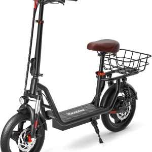 iScooter electric scooter with seat, 37/21 mile range, 28/19/15.6 mph top speed, dual suspension scooter with basket