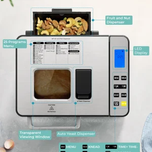 Simzlife 25-in-1 Bread Maker Machine, 2LB Capacity for Dough & Bread with Automatic Fruit and Nut Dispenser, Stainless Steel Construction