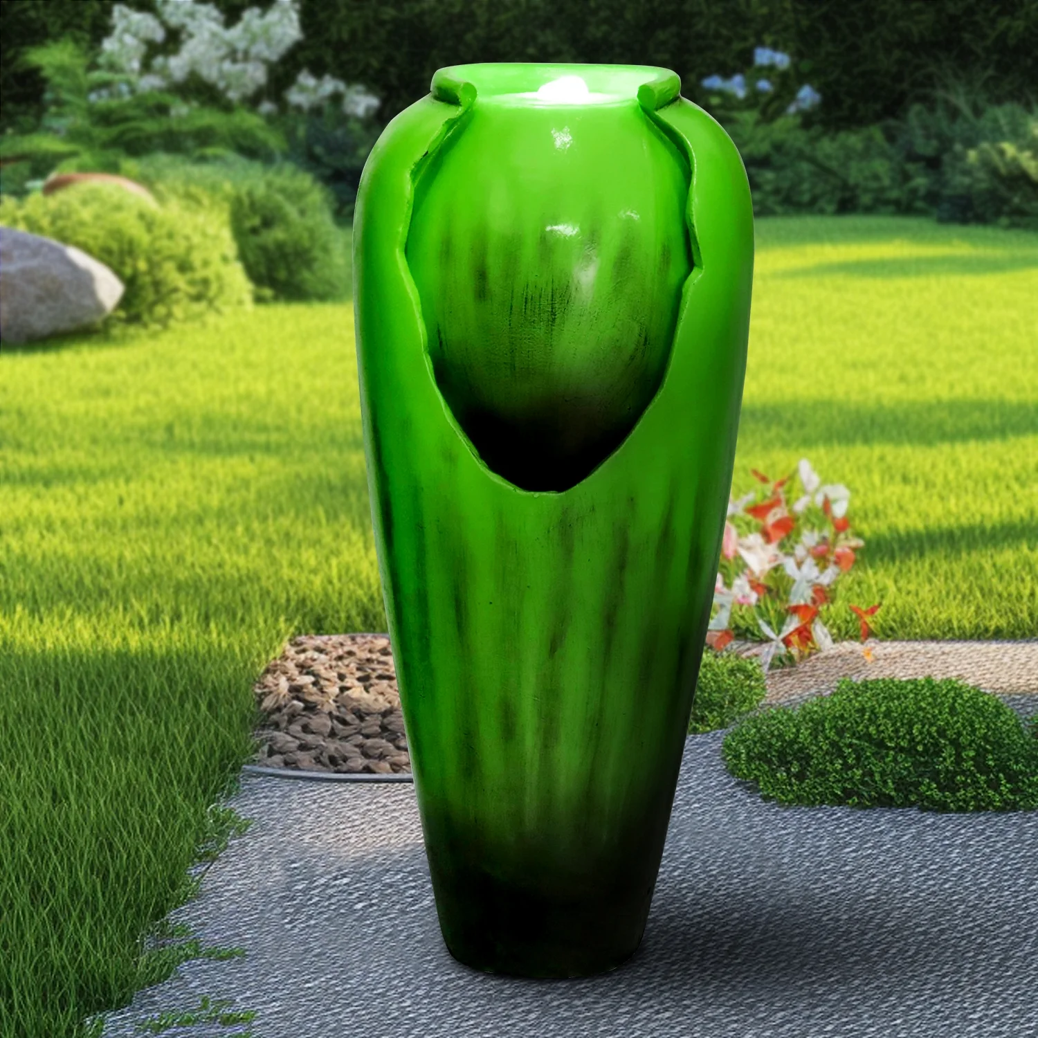 ourrco 30.7"H Concrete Vase Water Fountain, Modern Cascading Waterfall Feature with LED Lighting and Pump, Perfect for Indoor or Outdoor Home and Garden Decor, Red