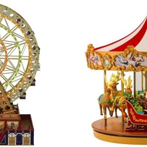 World's Fair Ferris Wheel Musical Animation Indoor Christmas Decor, 15", Gold & Very Merry Carousel Musical Animation Indoor Christmas Decor, 12", Red