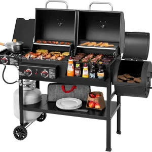 2-Burner Gas and Charcoal Grill Combo with Offset Smoker & Side Burner, 34,000 BTU Dual