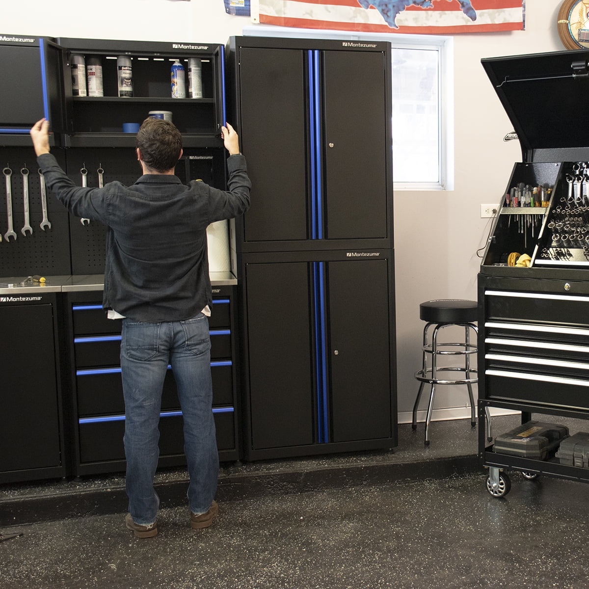 Montezuma Garage Tool Storage System 30.5 x 12" Locking 2 Door Wall Cabinet, Black Finish