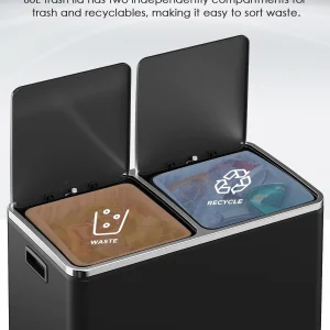 Arlopu 60 L/16 gal Dual Trash Can, Stainless Steel Garbage Can for Kitchen, Recycle Bin with Lid