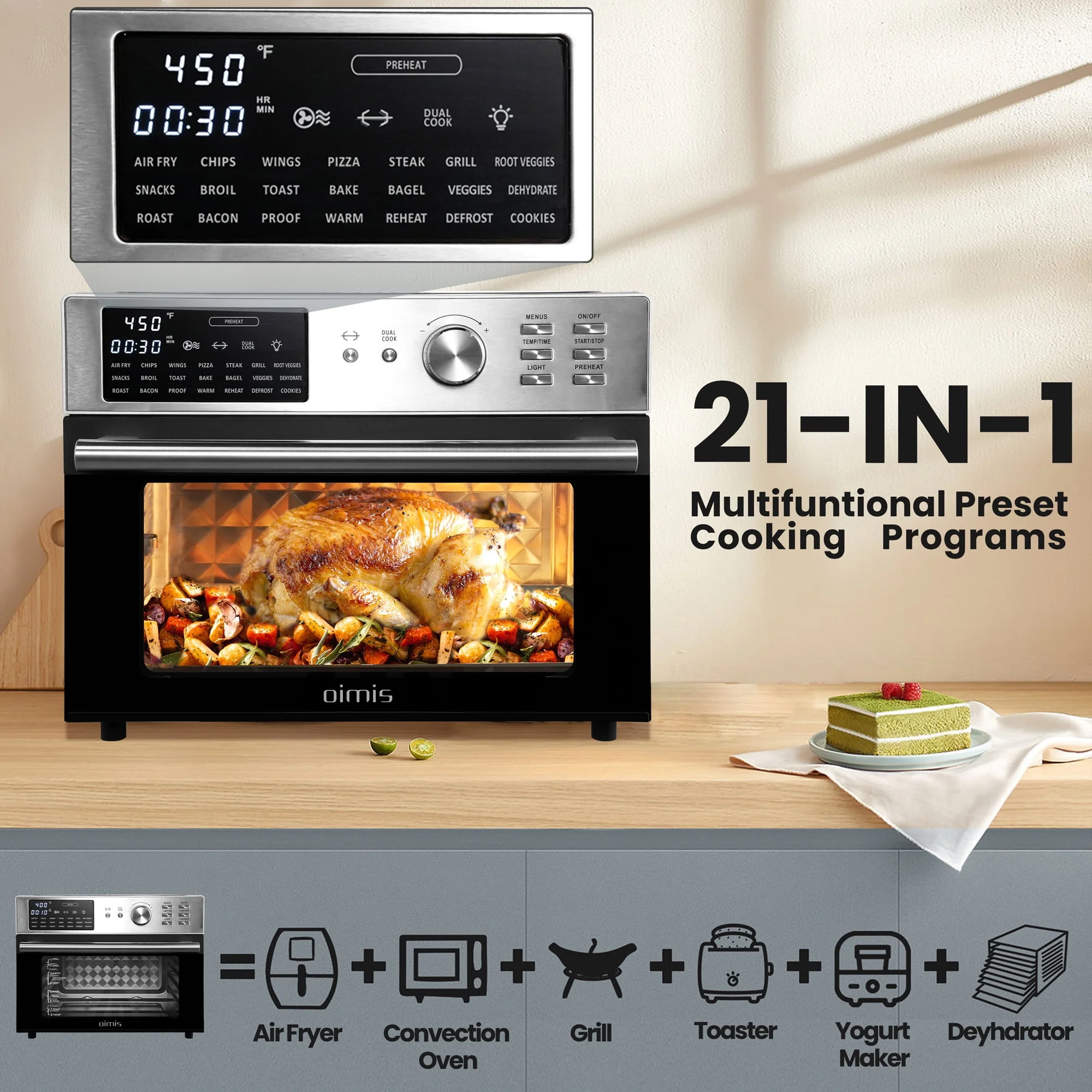 ?????????? Air Fryer Toaster Ovens, 32QT Extra Large 21 in 1 Smart 30L Convection Oven Countertop, with Oven Air Rotisserie and Dehydrator,1800W in Stainless Steel, Silver